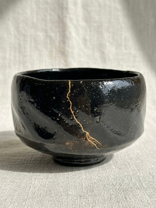 Kintsugi Black Raku Tea Bowl by Shoraku Sasaki