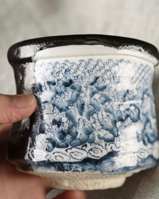 Katsuaki Kimura - Seto-ware "Tsutsu" Tea Bowl with Immortal Sage Motif