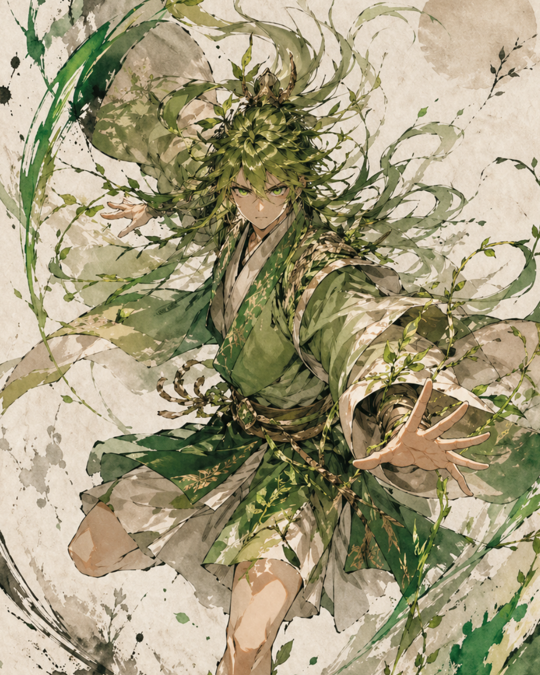 KAMIYO Episode 13 – Tsunoguhi-no-Kami, god of green vitality and plant growth, Japanese mythology illustration