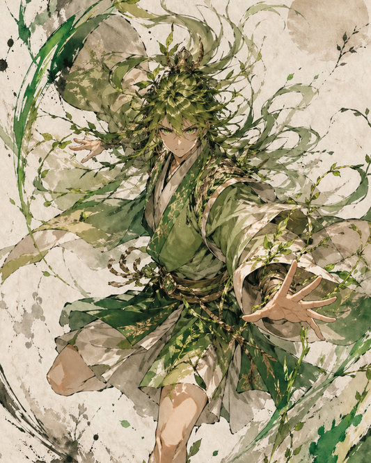 KAMIYO Episode 13 – Tsunoguhi-no-Kami, god of green vitality and plant growth, Japanese mythology illustration
