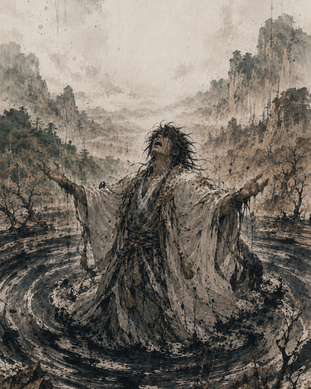 Susanoo-no-Mikoto weeping on a blighted shore as mountains wither and the sea turns black around him, his divine sorrow becoming a curse that destroys the natural world in the Age of the Gods