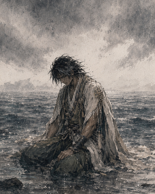 Takehaya Susanoo-no-Mikoto weeping on a desolate beach in cold rain, his divine grief withering the mountains and drying the seas as his despair transforms into world-destroying madness