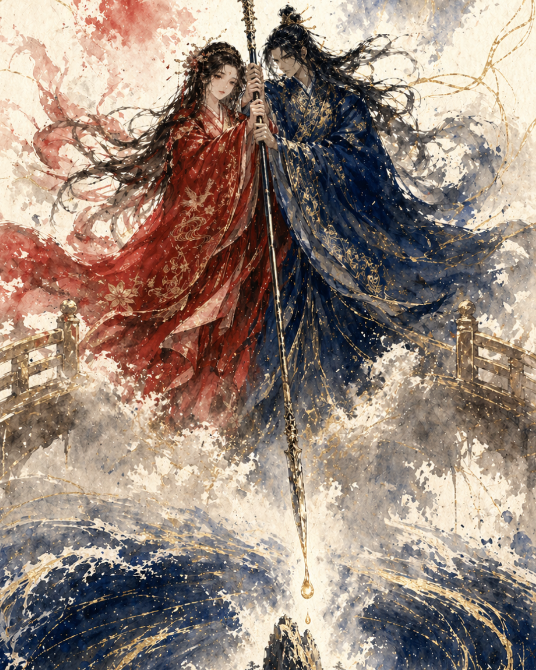 KAMIYO Episode 21 – Izanagi and Izanami stirring the sea of chaos with Amenonuboko, birth of Onogoro Island, Japanese mythology illustration
