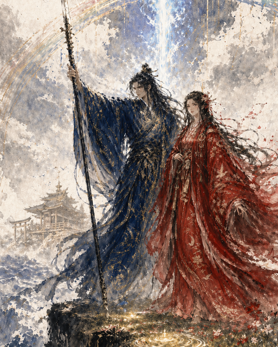 KAMIYO Episode 22 – Izanagi and Izanami on Onogoro Island before the Heavenly Pillar, Japanese mythology illustration