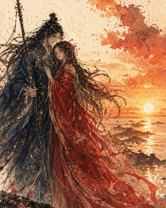 KAMIYO Episode 24 – Izanagi and Izanami completing Oyashima, the Great Eight Islands of Japan, Japanese mythology illustration