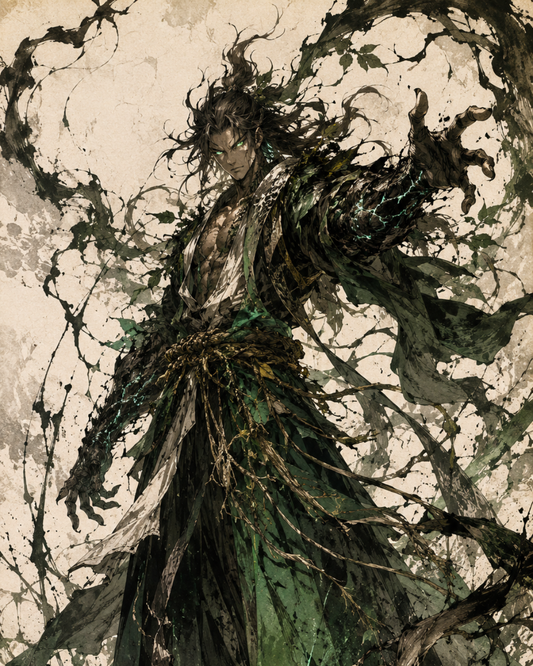 KAMIYO Episode 28 – Kukunochi-no-Kami, god of trees, erupting from the earth as a grotesque heaven-piercing giant tree, Japanese mythology illustration