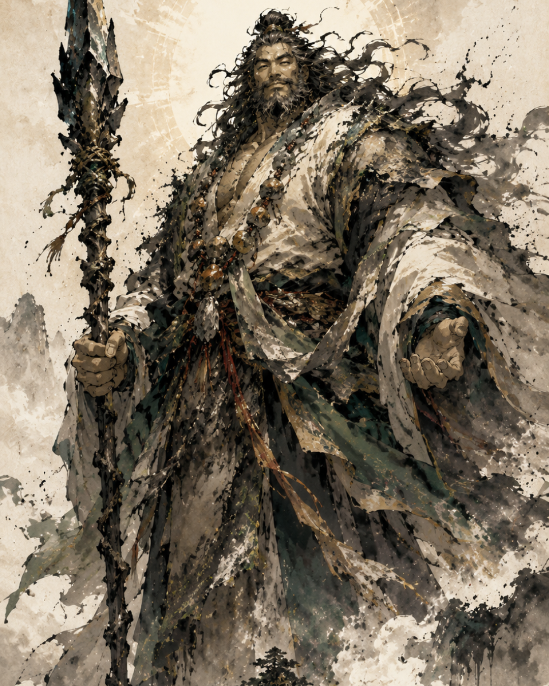 KAMIYO Episode 29 – Oyamatsumi-no-Kami, god of mountains, towering above the clouds over Oyashima, Japanese mythology illustration