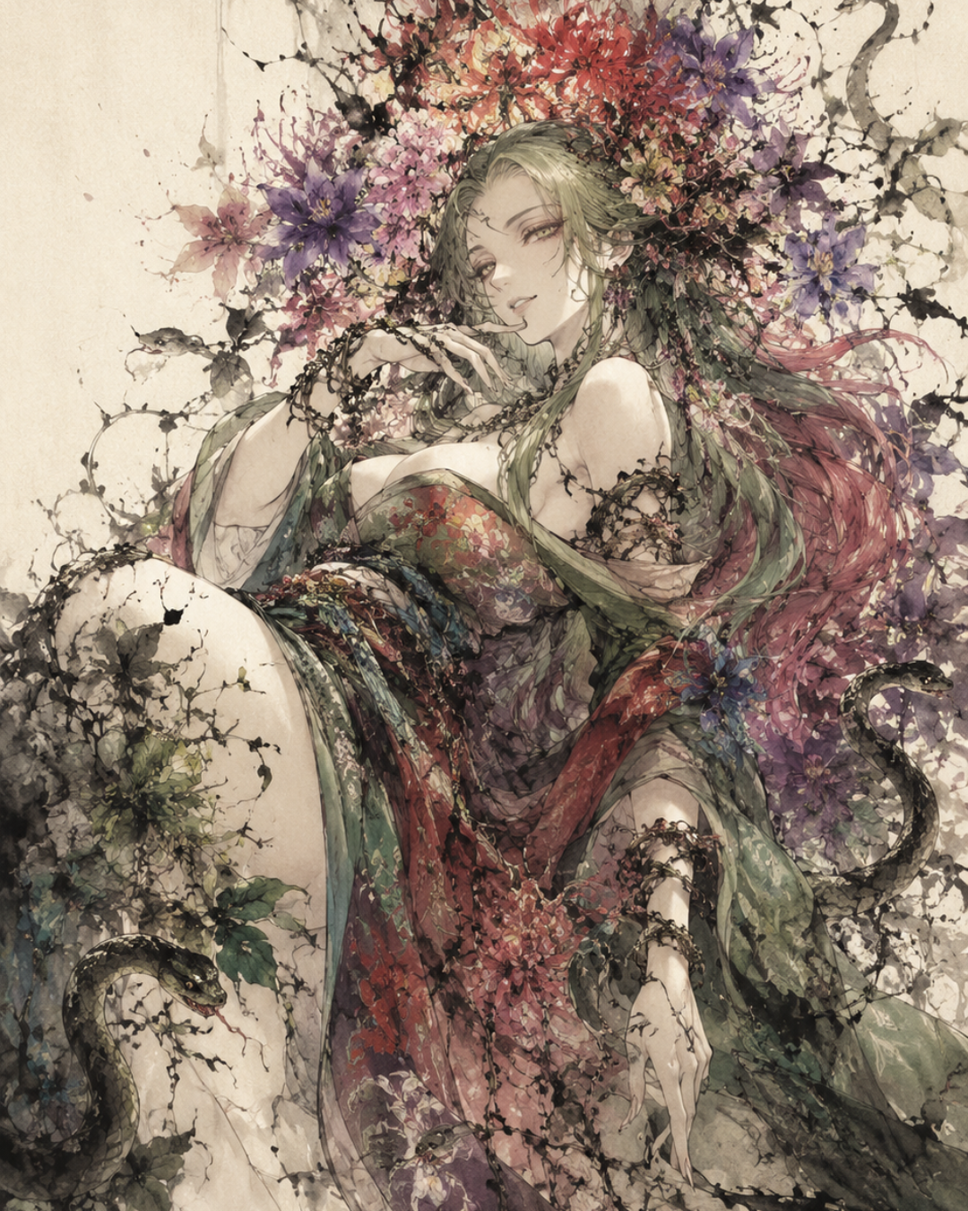 KAMIYO Episode 30 – Kayanohime-no-Kami, goddess of fields, emerging from a vortex of serpentine vines and blooming flowers, Japanese mythology illustration