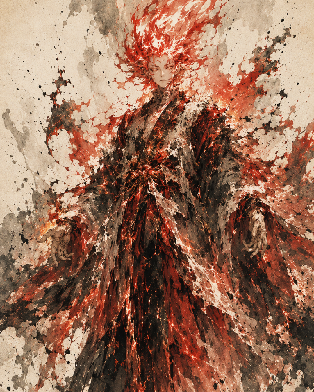 KAMIYO Episode 31 – Hinokagutsuchi-no-Kami, god of fire, born as a pillar of flame from Izanami’s womb, scorching paradise, Japanese mythology illustration
