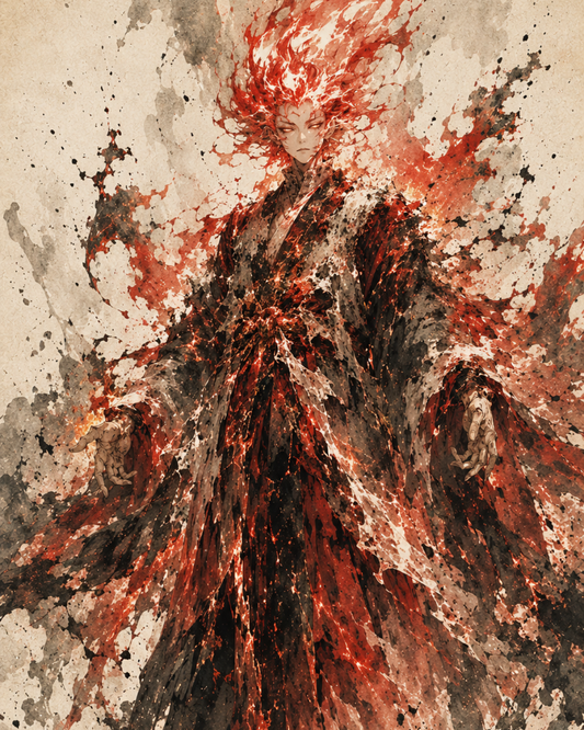 KAMIYO Episode 31 – Hinokagutsuchi-no-Kami, god of fire, born as a pillar of flame from Izanami’s womb, scorching paradise, Japanese mythology illustration