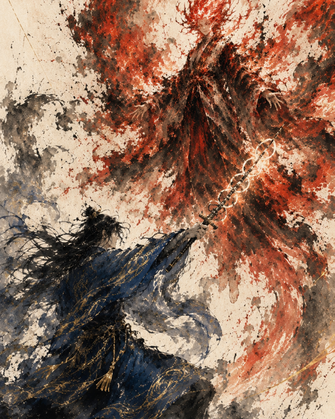 KAMIYO Episode 32 – Izanagi wielding the Totsuka-no-Tsurugi to slay Hinokagutsuchi, blood-stained birth of warrior gods, descent into Yomi-no-Kuni, Japanese mythology illustration
