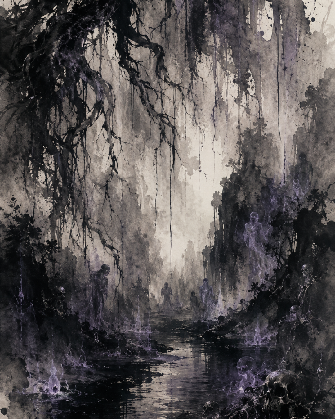 KAMIYO Episode 33 – Izanagi descending alone into the darkness of Yomi-no-Kuni, standing before the stone gates of the palace of the dead, Japanese mythology illustration