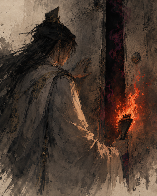 KAMIYO Episode 34 – Izanagi breaking a bamboo comb to light a flame and opening the forbidden stone door in Yomi-no-Kuni, Japanese mythology illustration