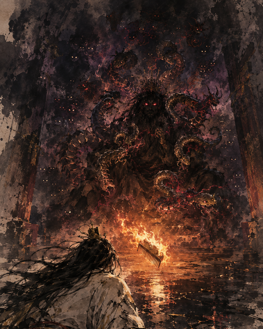 KAMIYO Episode 35 – Izanagi recoiling in horror at Izanami’s decaying form possessed by the eight Yakusa-no-Ikazuchi thunder gods in Yomi-no-Kuni, Japanese mythology illustration