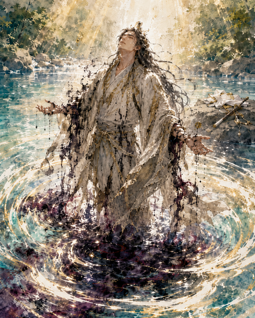 KAMIYO Episode 38 – Izanagi performing Misogi purification in the river at Awagihara, gods born from cast-off garments and defilement, Japanese mythology illustration