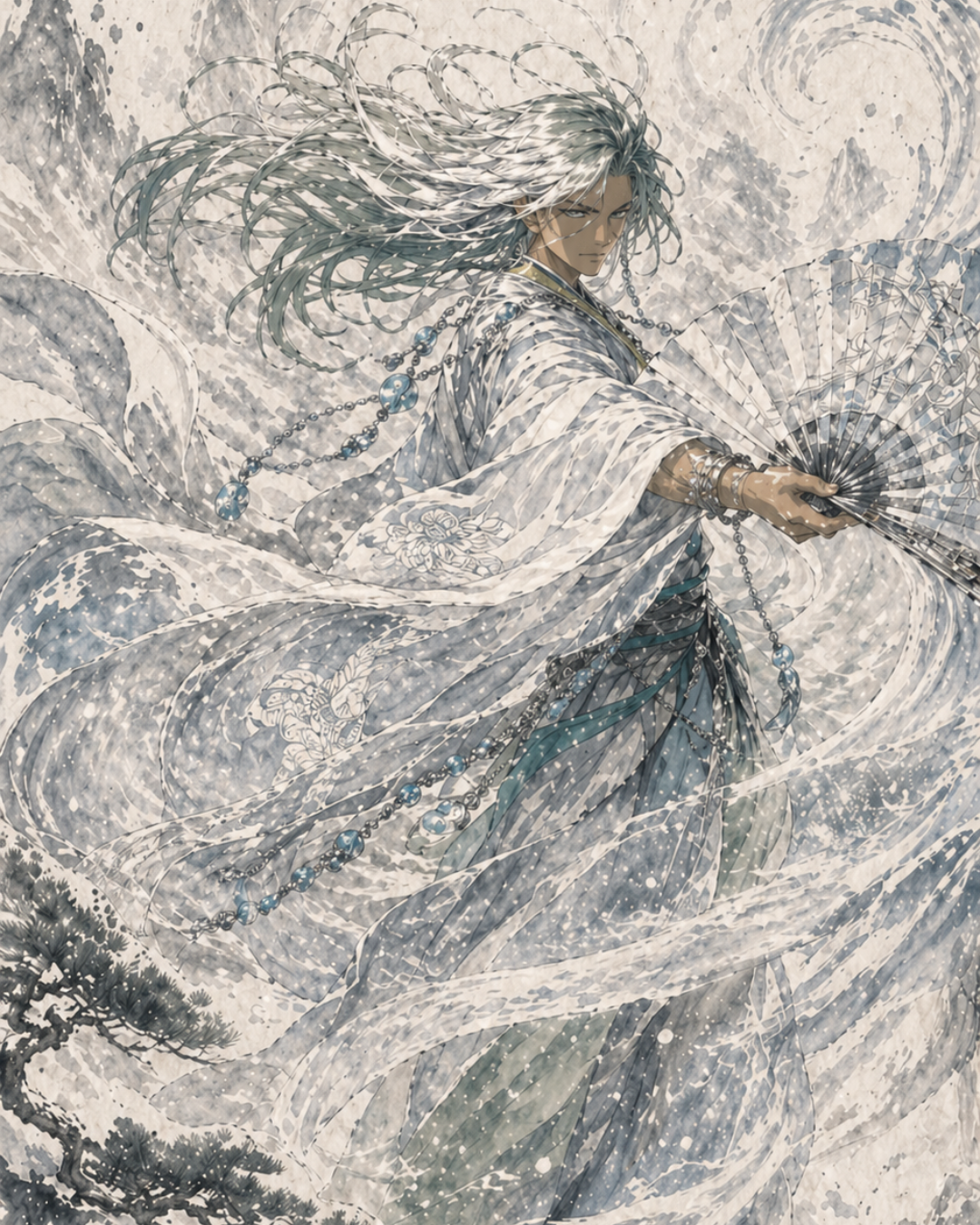KAMIYO Special Shinatsuhiko Episode 3 – Shinatsuhiko and Shinatsuhime dancing through the winter sky over Oyashima, Japanese mythology illustration