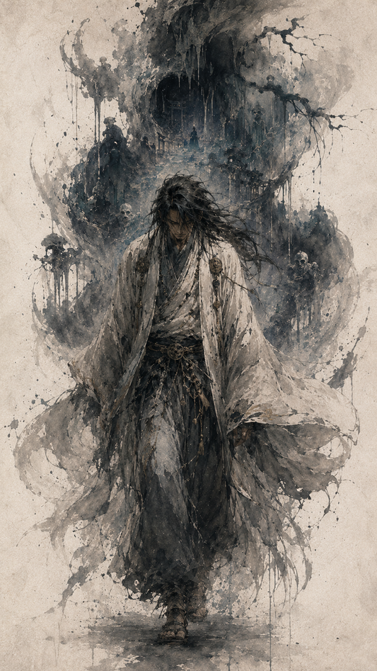Susanoo standing defiant in mud and tears before Izanagi’s blinding divine wrath, the moment of the father’s banishment decree that severs the bond between them forever in the Age of the Gods