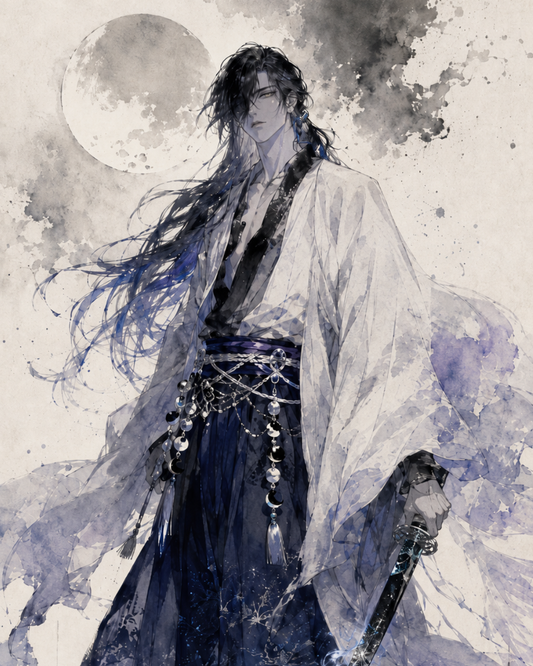 Tsukuyomi-no-Mikoto standing upon a still water mirror beneath a vast starry sky, emitting cold silver moonlight in eternal solitude as the God of Night in the Age of the Gods