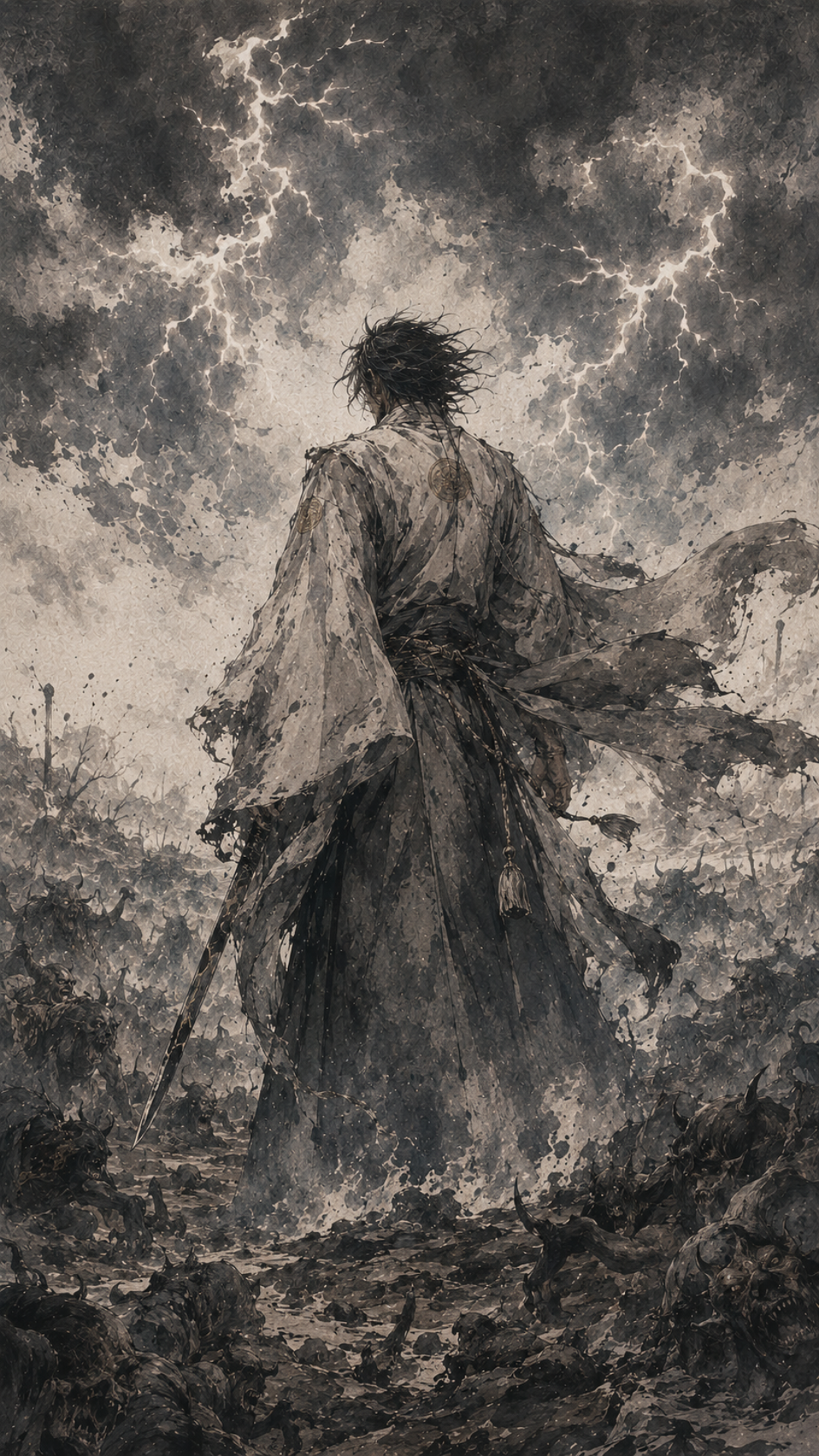 Evil gods swarming like flies across a blighted earth as Susanoo’s grief collapses the world’s order, while Izanagi’s divine wrath tears through the dark clouds above in the Age of the Gods