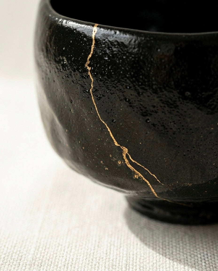 Kintsugi Black Raku Tea Bowl by Shoraku Sasaki