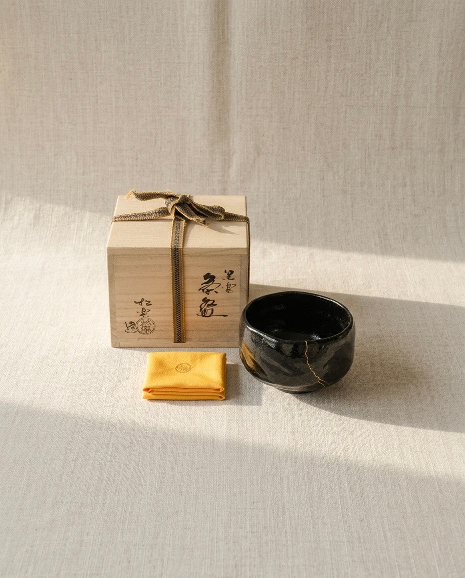 Kintsugi Black Raku Tea Bowl by Shoraku Sasaki